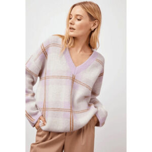 Rails Womens M Colleen Sweater Boxy V-Neck Plaid Wool Mohair Purple Cream Preppy
